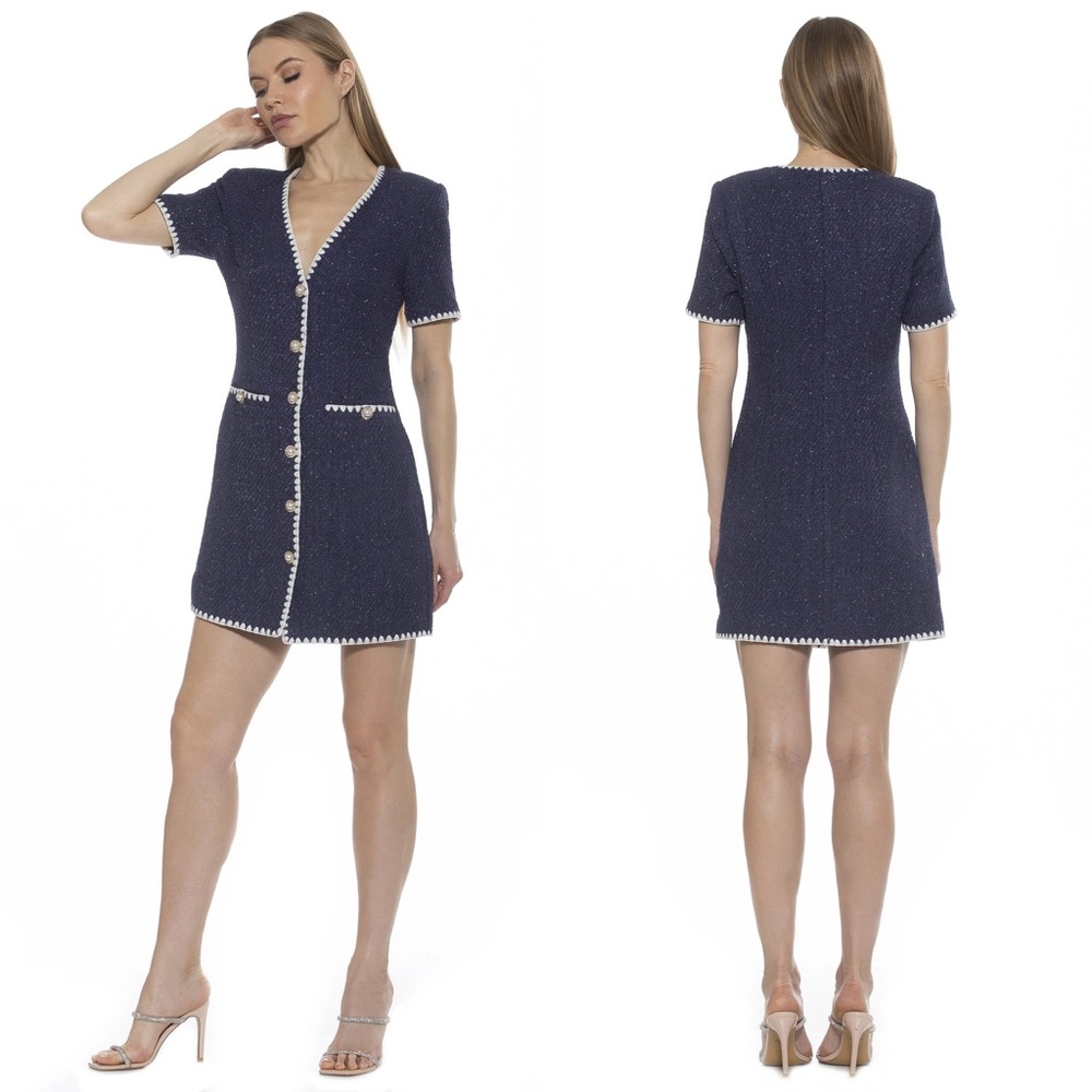 Alexia Admor HOLLY TWEED Mini DRESS Pearl & Jewel Buttons BLUE/WHITE Size 6 NEW